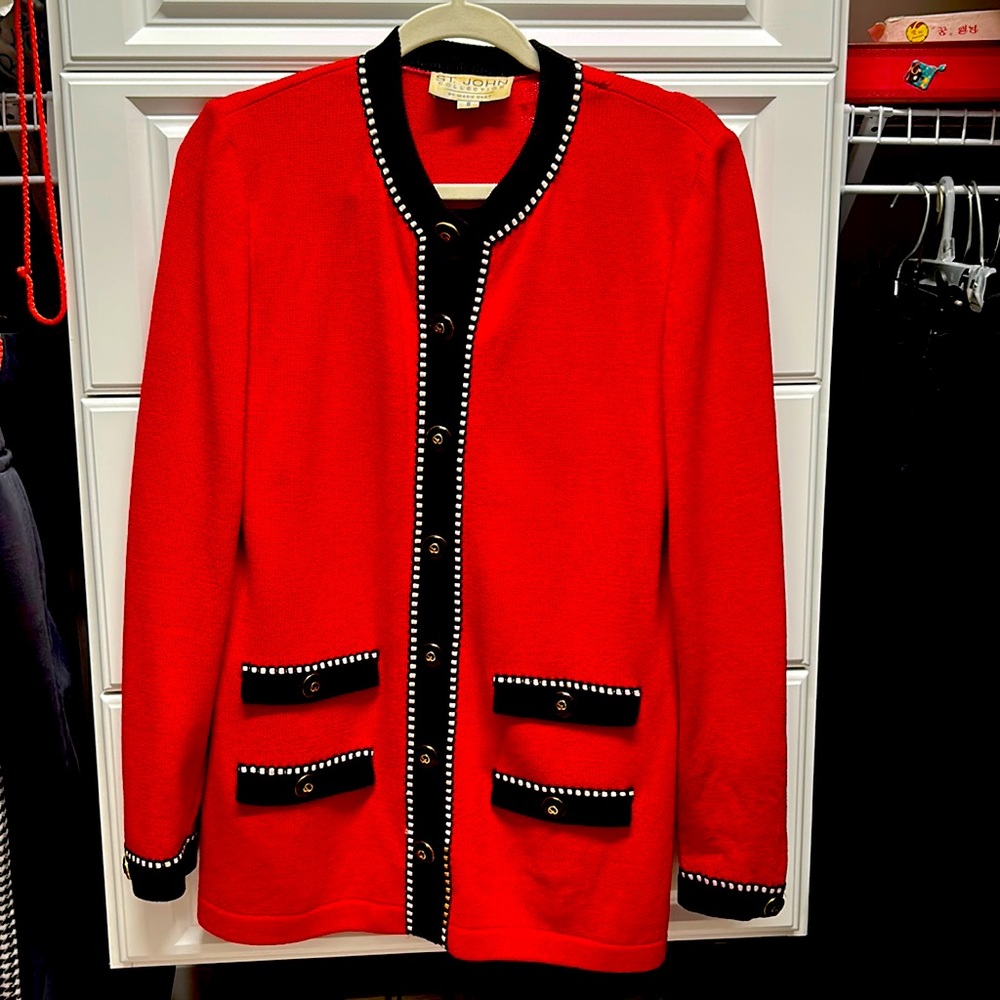 St.John collection vintage knit jacket, size 8, Red/black